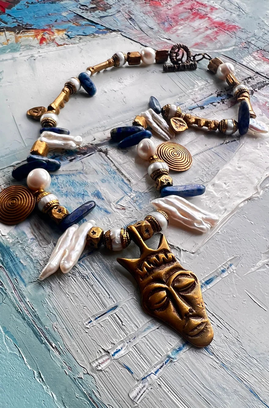 Olivie Necklace with Pendant. African Brass, Keishi Pearls, Lapis Lazuli.