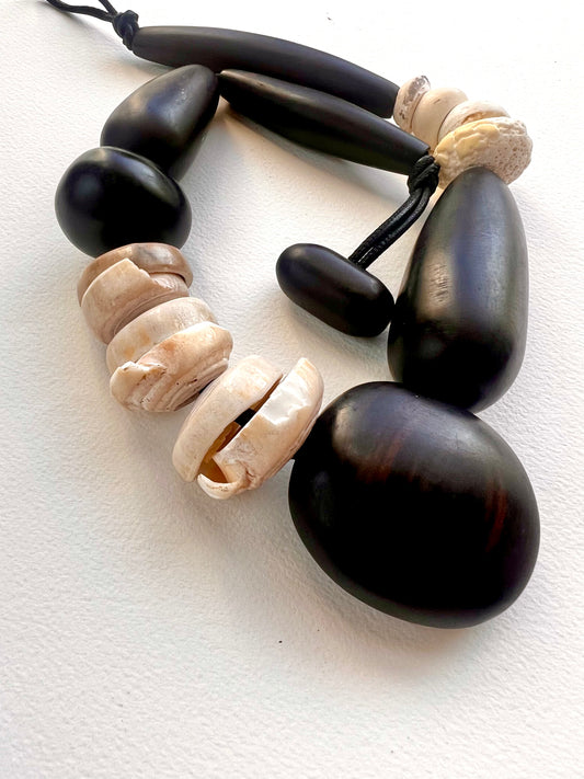 Savana Statement Necklace. Ebony Wood, Vintage Sea Shells.