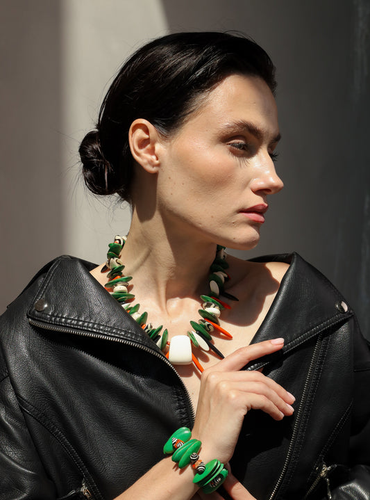 Sirano Short Necklace. Wood, Sea Shells, Batik Bone Beads.