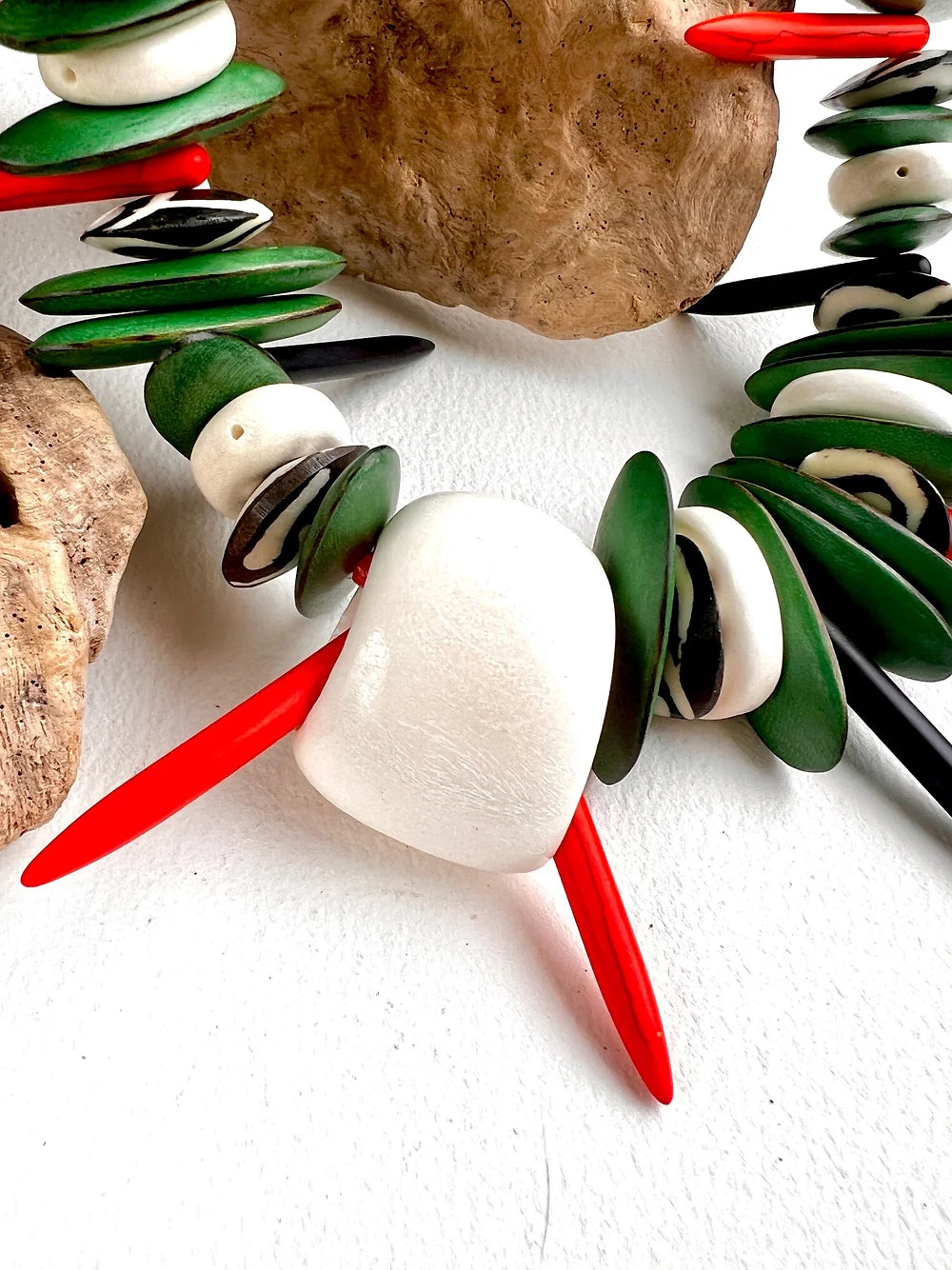Sirano Short Necklace. Wood, Sea Shells, Batik Bone Beads.