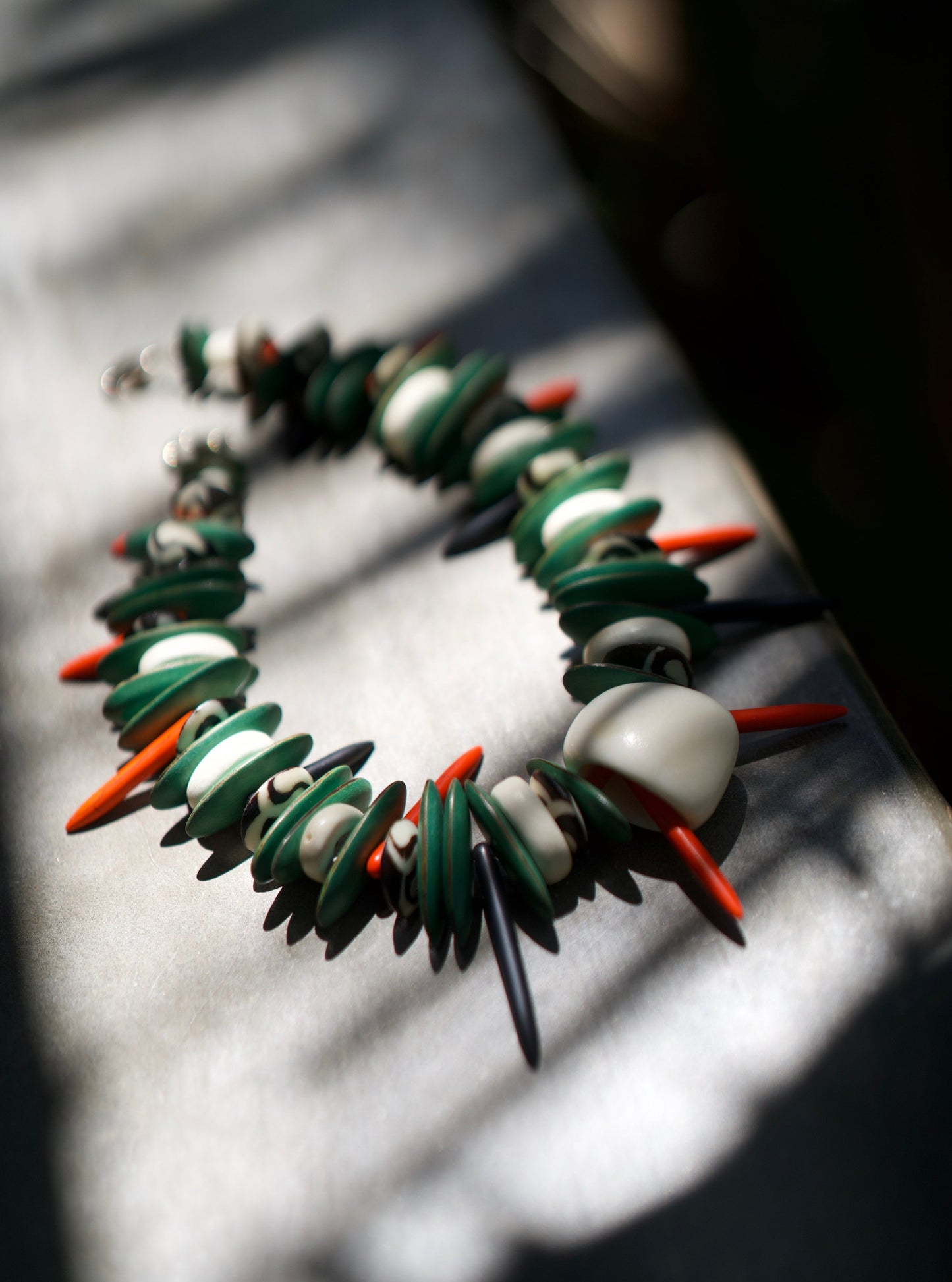 Sirano Short Necklace. Wood, Sea Shells, Batik Bone Beads.