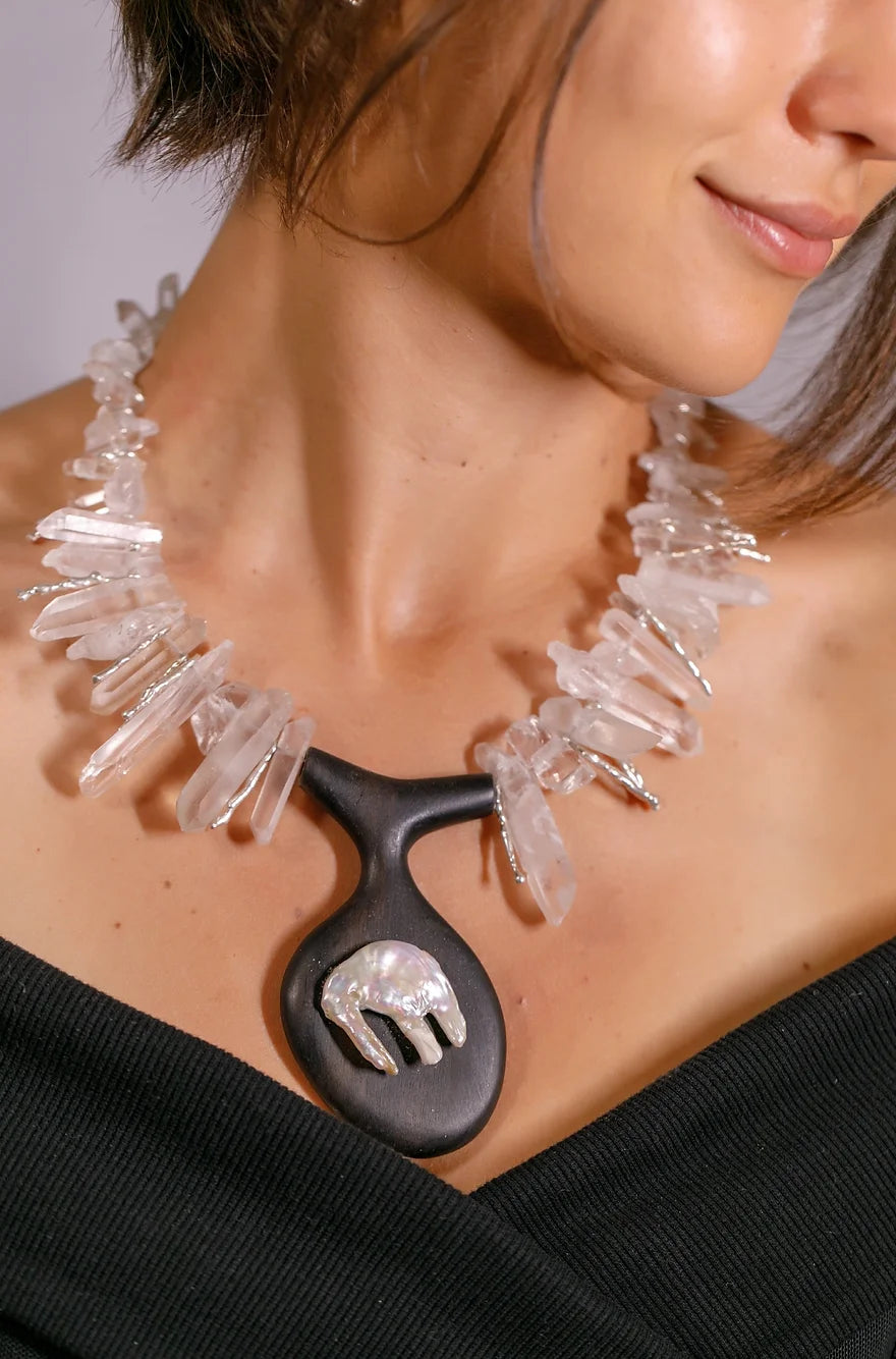 Sirena Necklace. Rock Crystal, Baroque Pearl, Ebony.