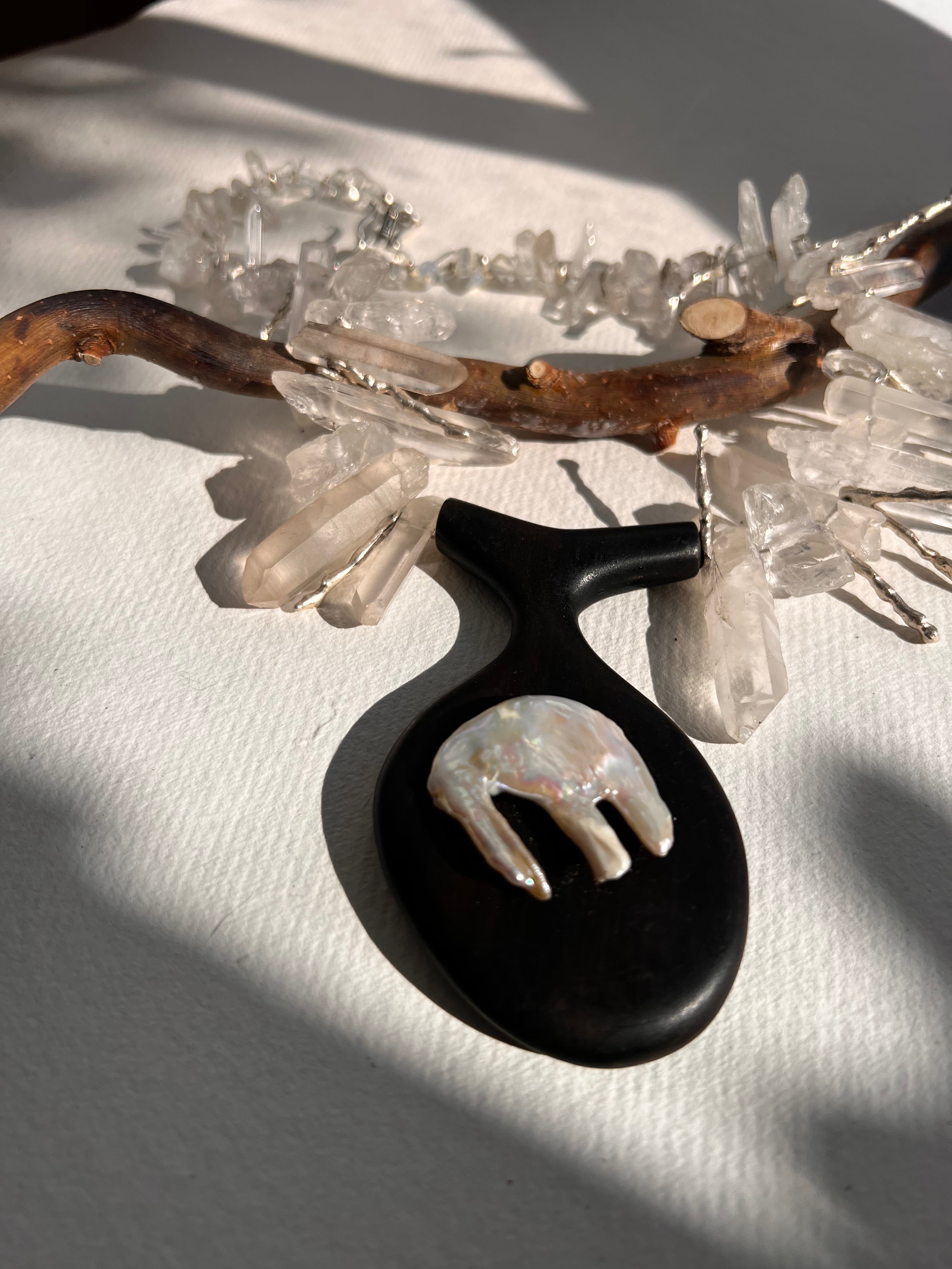 Sirena Necklace. Rock Crystal, Baroque Pearl, Ebony.