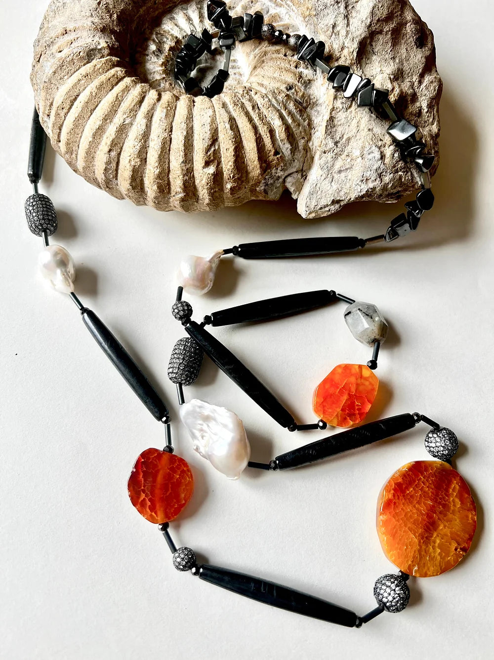 Tanko Statement Long Necklace. Baroque Pearls, Dyed Agate.