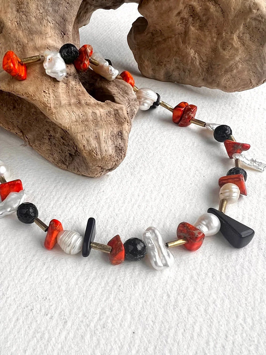 Taraji Short Necklace with Vintage Feel. African brass, Fresh Water Pearls, Sea Sediment Jasper.