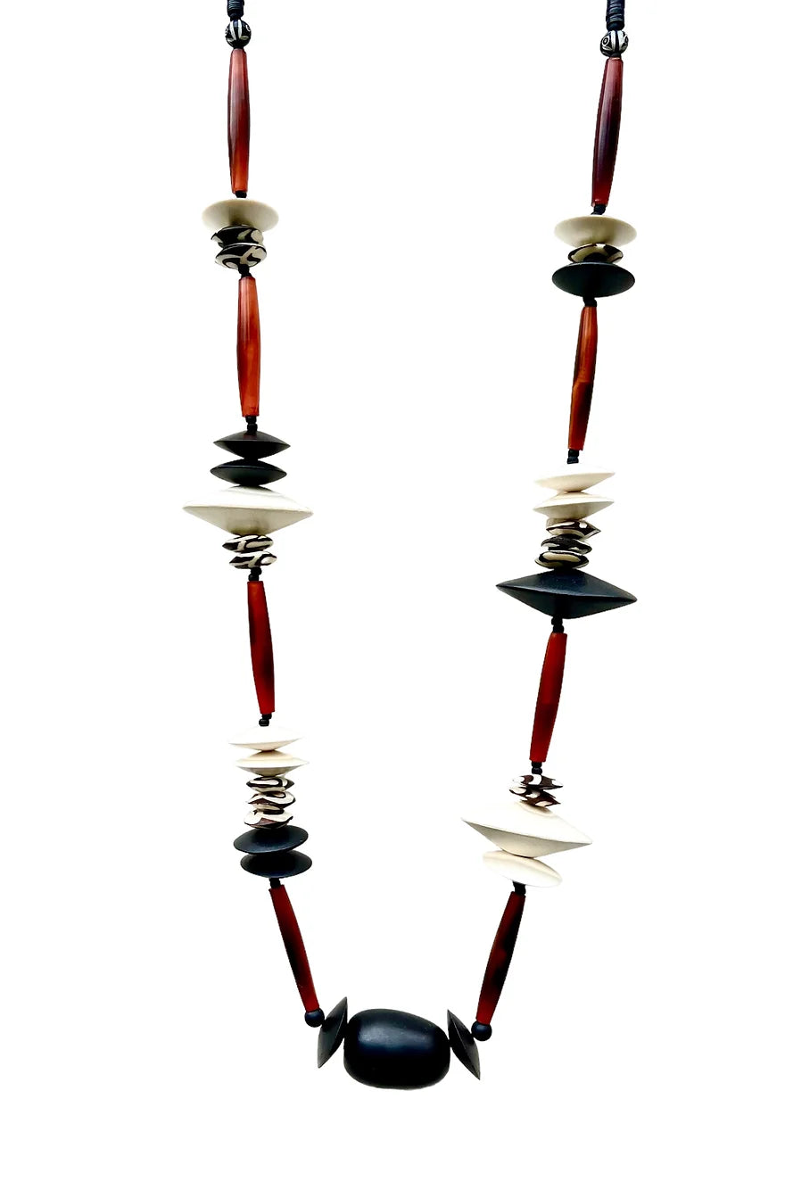 Tiana Long Necklace. Wood, Buffalo Horn, Batik Bone Beads