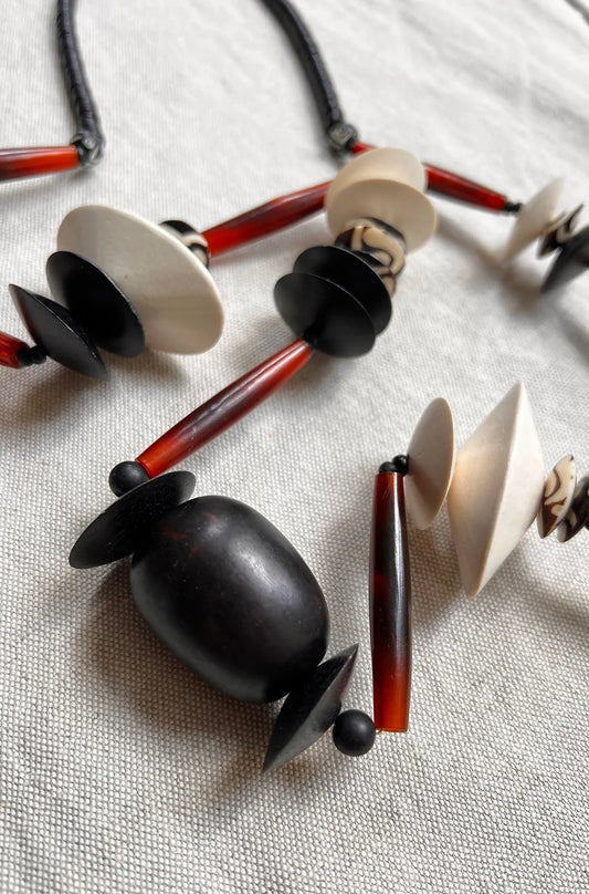 Tiana Long Necklace. Wood, Buffalo Horn, Batik Bone Beads