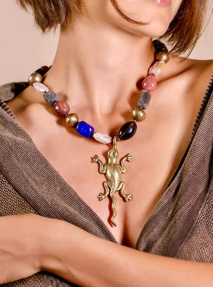 Tulia Multistone Necklace. African Brass, Baroque Pearls, Semi-Precious Stones