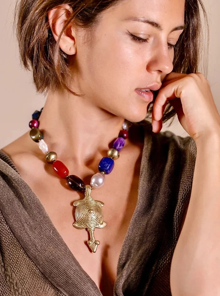 Tulia Multistone Necklace. African Brass, Baroque Pearls, Semi-Precious Stones