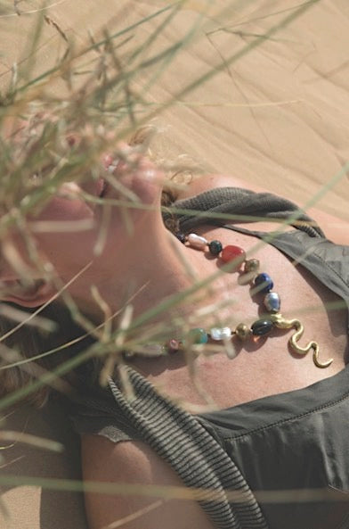 Tulia Multistone Necklace. African Brass, Baroque Pearls, Semi-Precious Stones