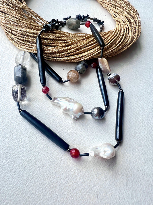 Usoa Long Necklace. Baroque Pearls, Labradorite, Agate.