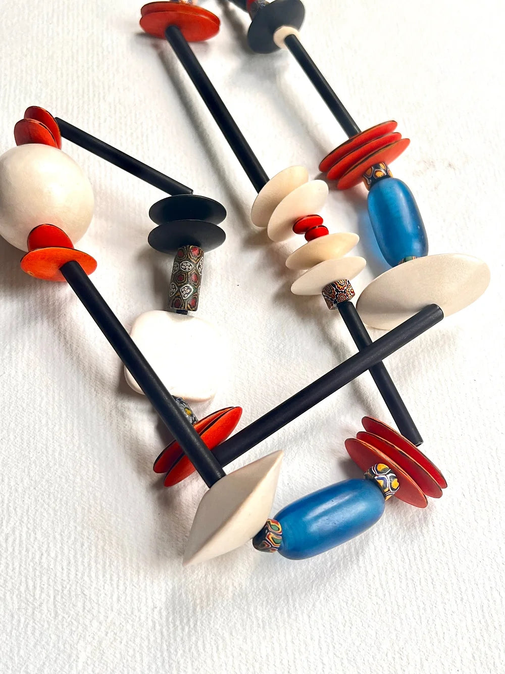 Zaire Long Necklace. Wood, Acrylic, Original Venetian Trading Beads.