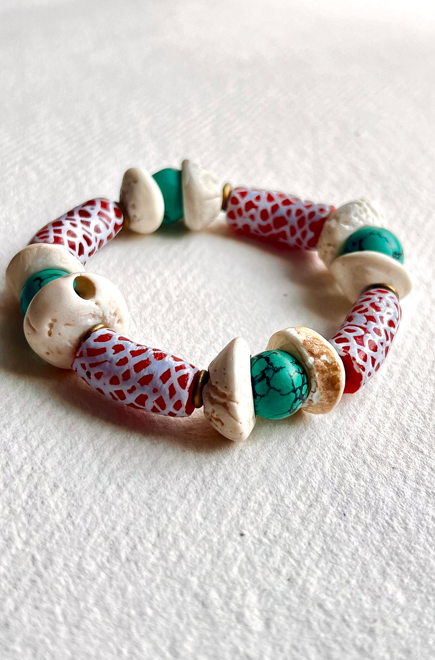 Zuri Bracelet.Hand-painted recycled glass beads, Howlite, Sea Shell
