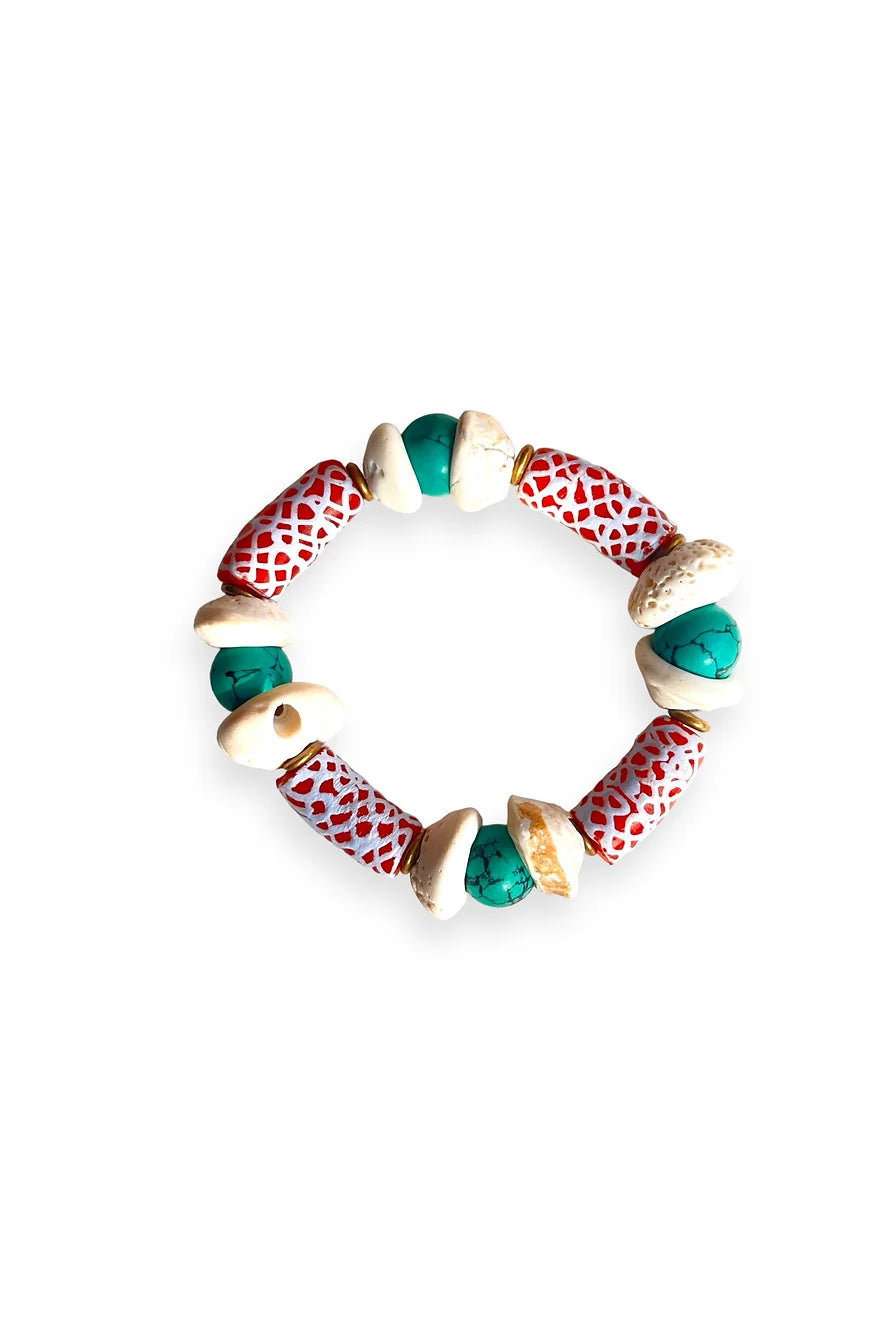 Zuri Bracelet.Hand-painted recycled glass beads, Howlite, Sea Shell