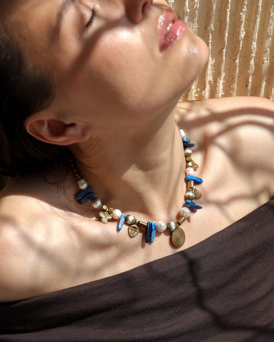 Olivie Necklace. African Brass, Keishi Pearls, Lapis Lazuli.