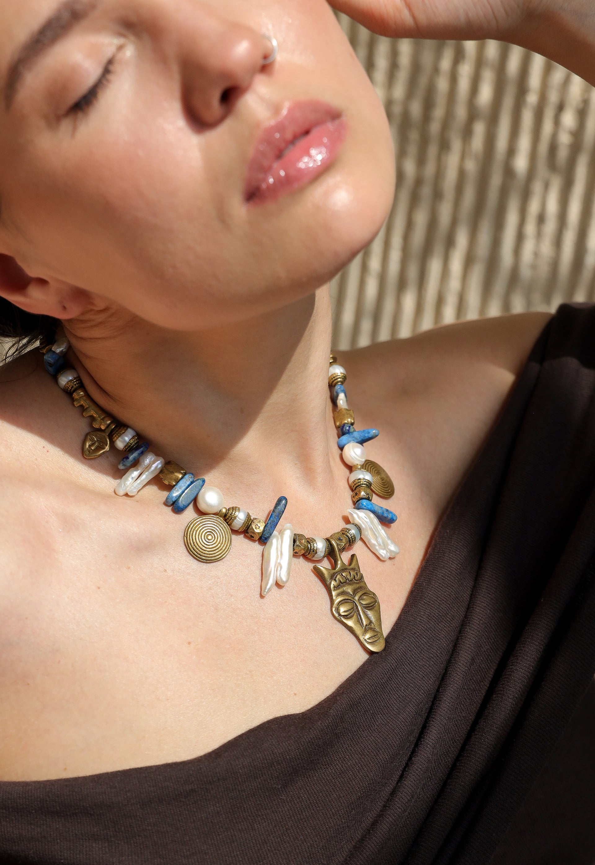 Olivie Necklace with Pendant. African Brass, Keishi Pearls, Lapis Lazuli.