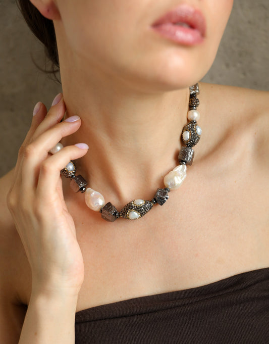 Adèle Statement  Necklace. Pyrite, Pearls, Hematite Handmade Beads.