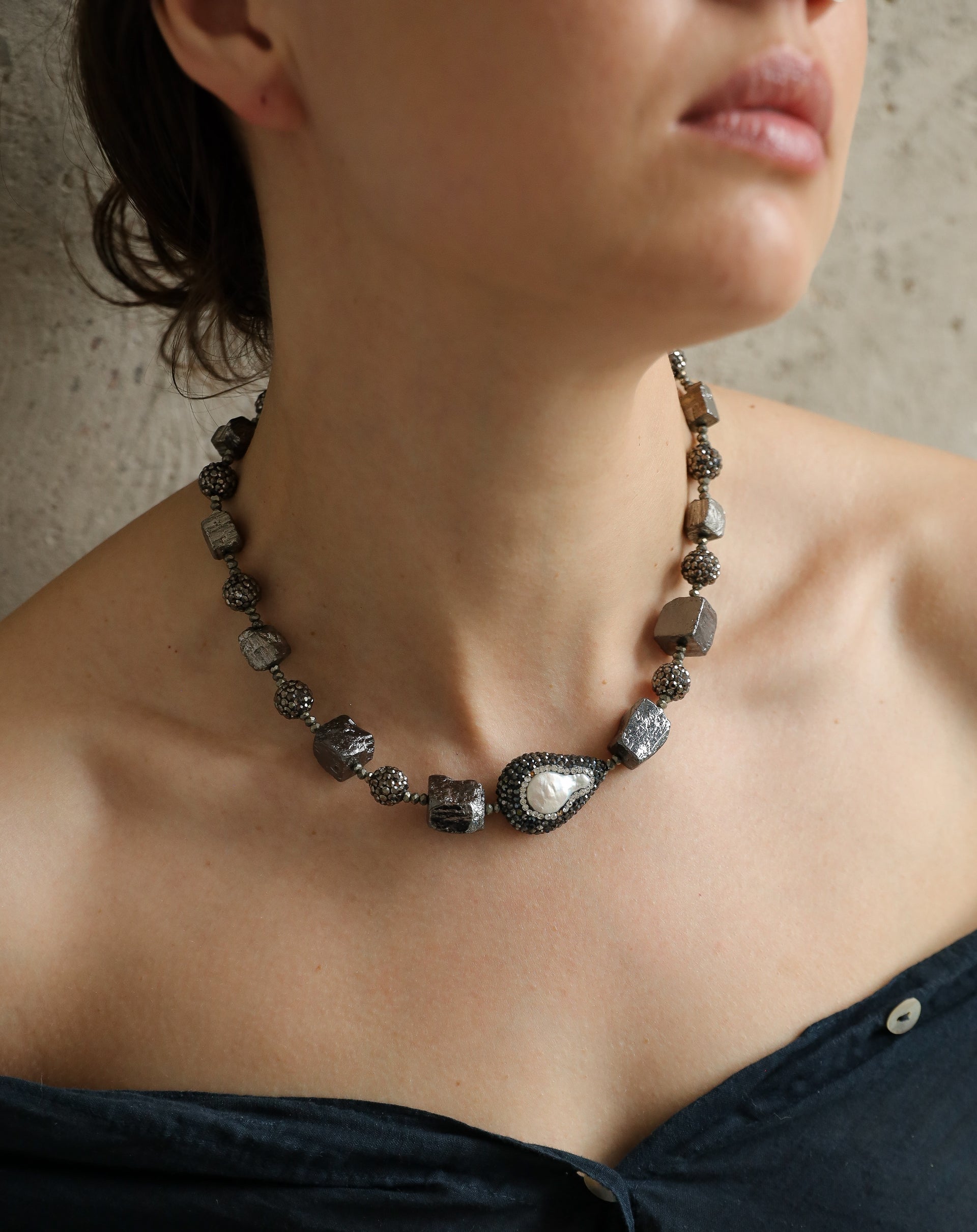 Théa Statement Short Necklace. Electroplated Pyrite, Pearls, Hematite.