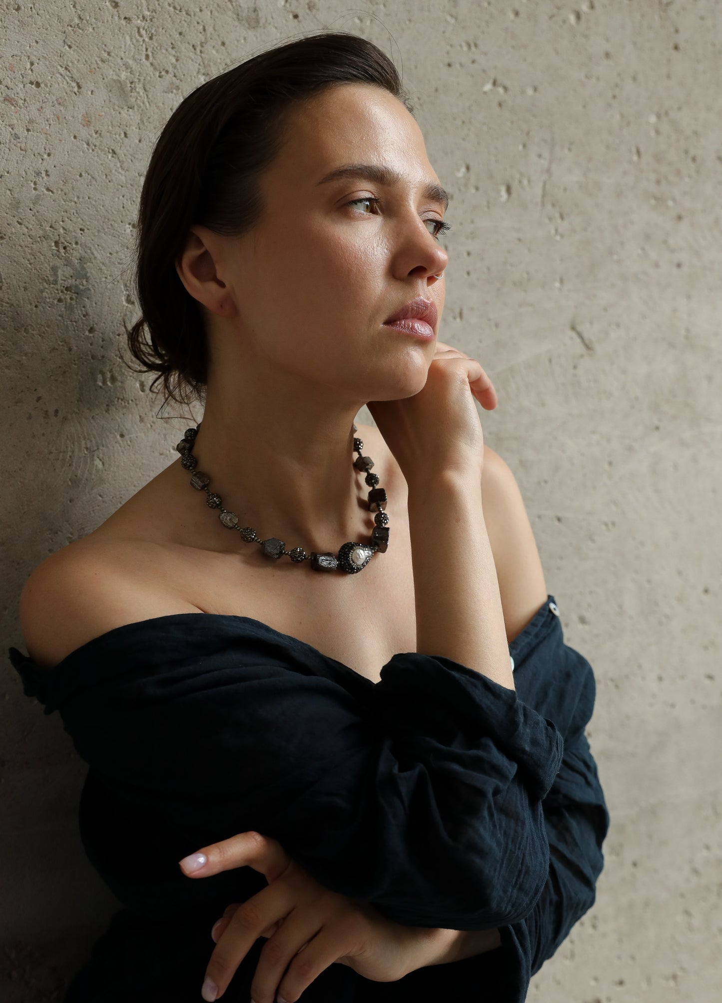Théa Statement Short Necklace. Electroplated Pyrite, Pearls, Hematite.