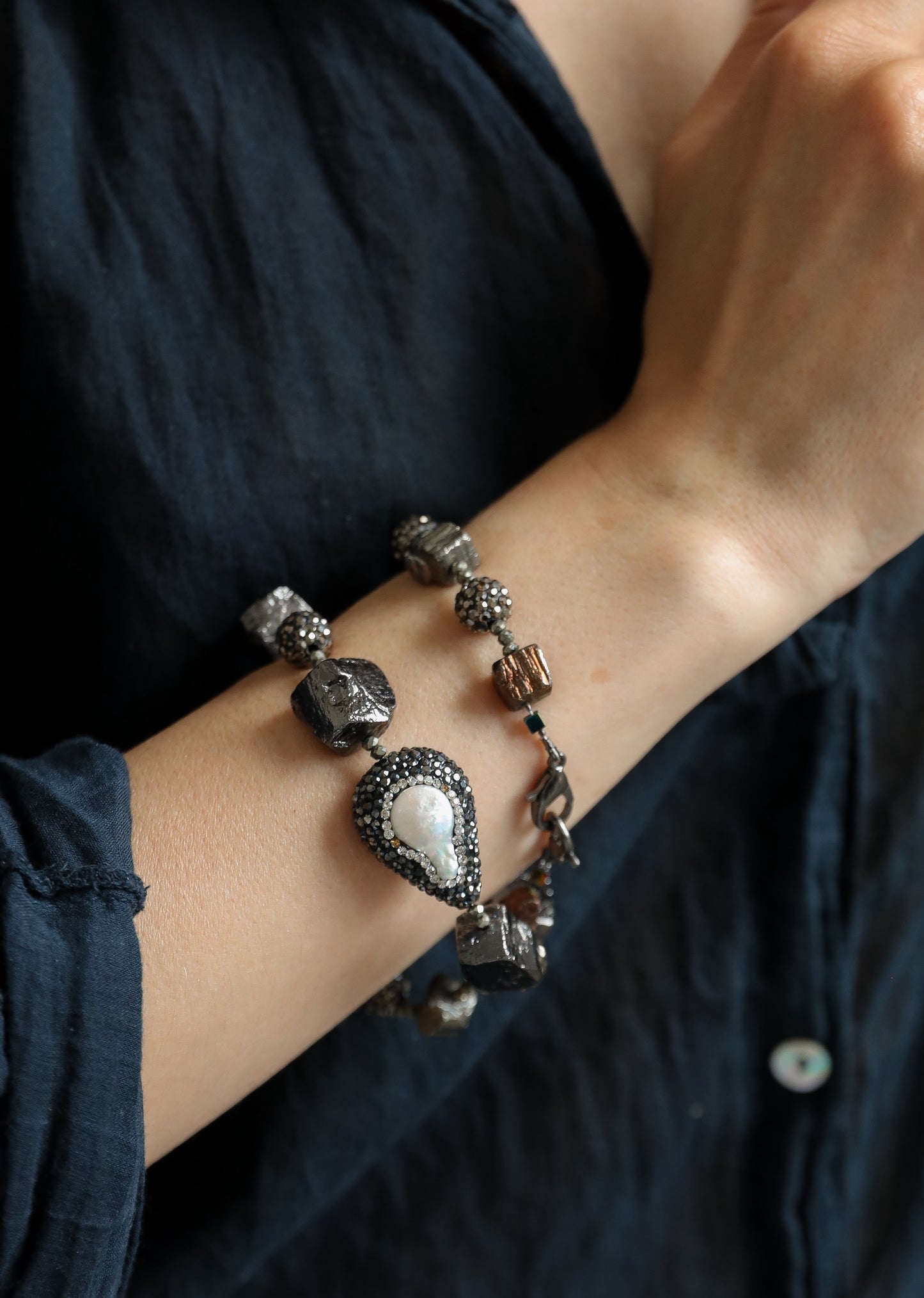 Théa Statement Short Necklace. Electroplated Pyrite, Pearls, Hematite.