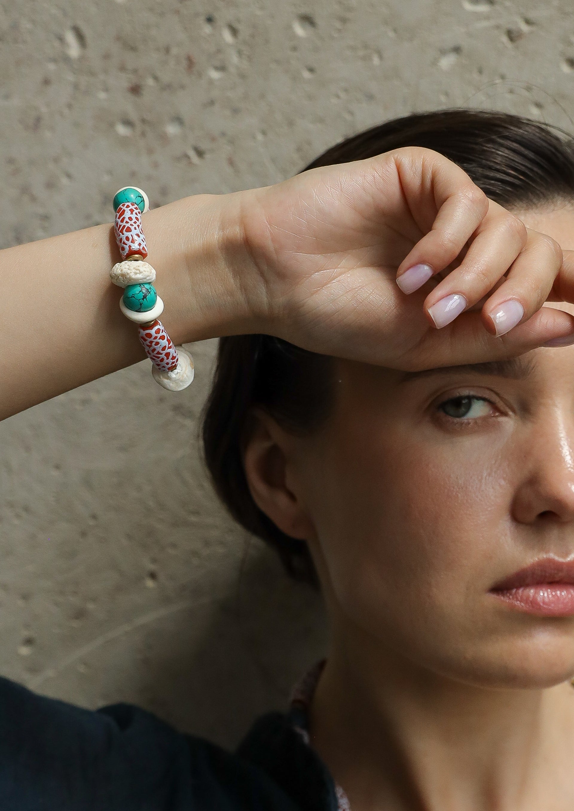 Zuri Bracelet.Hand-painted recycled glass beads, Howlite, Sea Shell