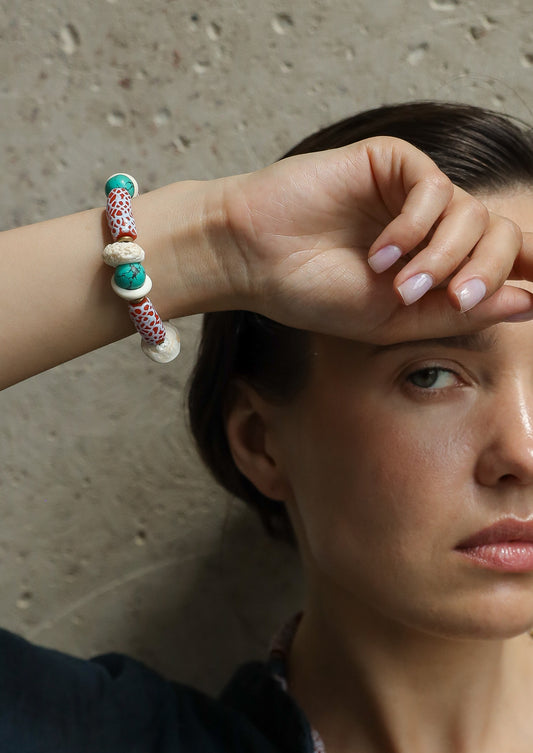 Zuri Bracelet.Hand-painted recycled glass beads, Howlite, Sea Shell