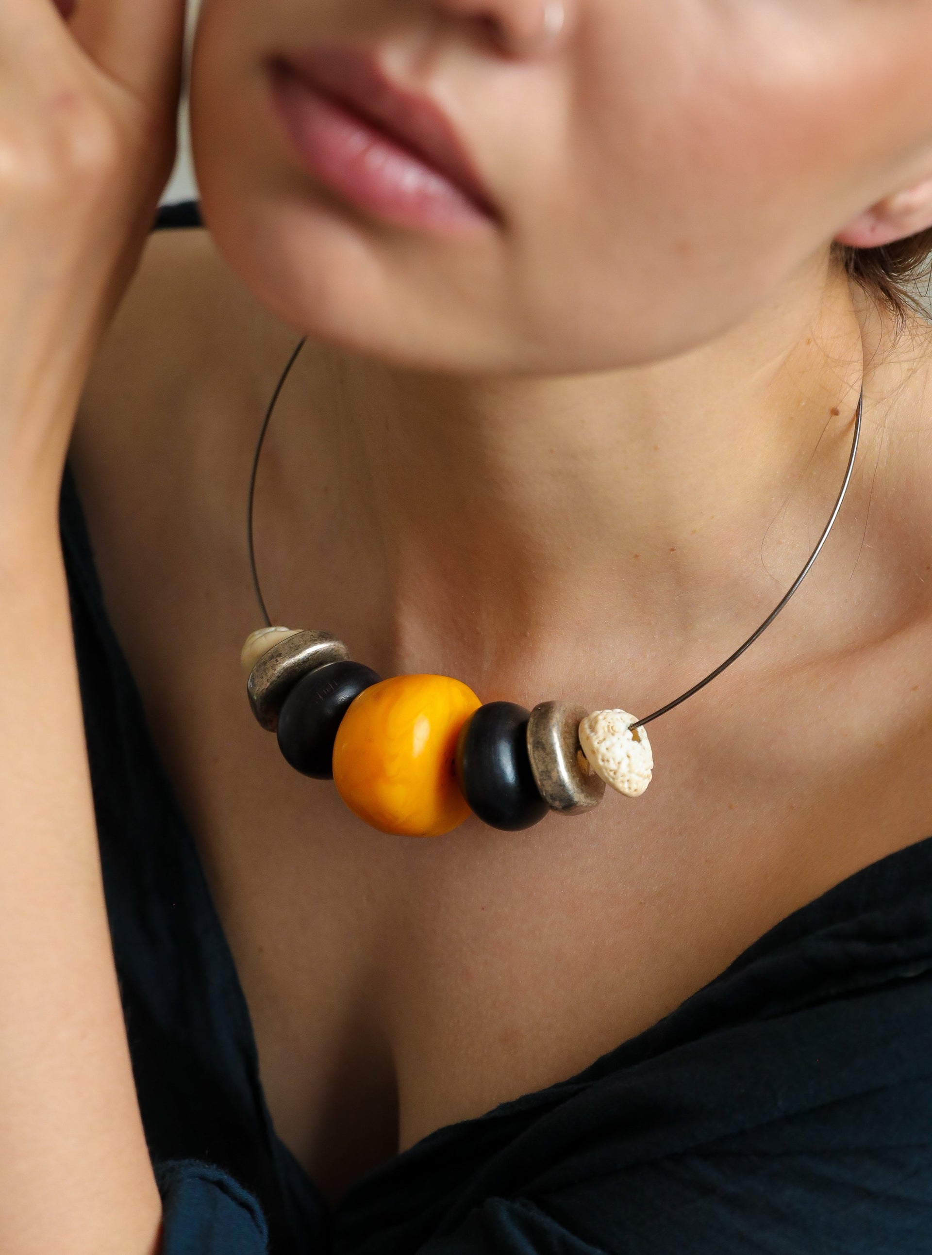 Nakya Choker. Ebony Wood, Moroccan "Amber",  Vintage Sea Shells