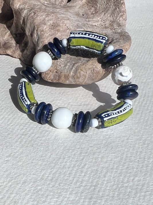 Moho Bracelet. Hand-painted recycled glass beads, Lapis Lazuli, White Agate