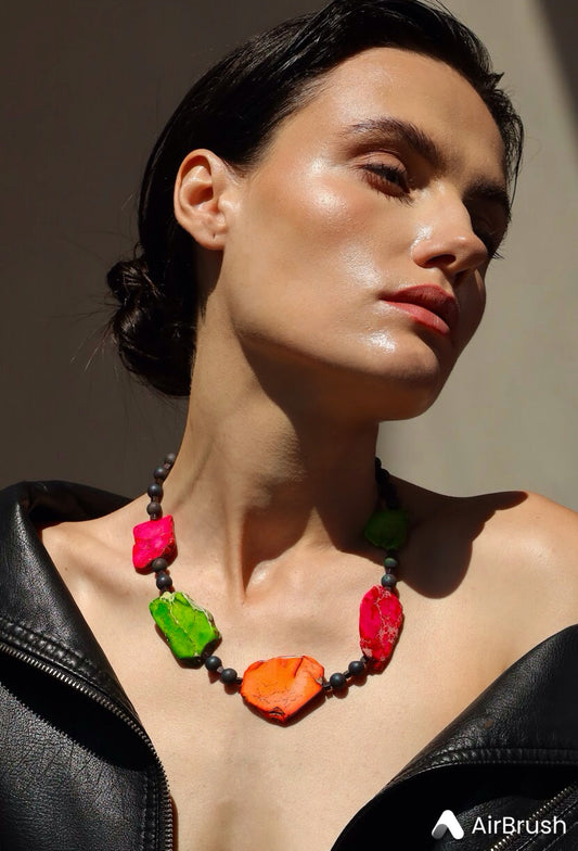Qiani Necklace: A Limited Edition Gem.  Sea sediment Jasper,  Anodizes Pyrite.