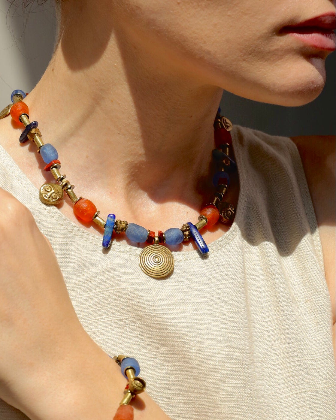 Diane Necklace. African Brass, Recycled Glass, Lapis Lazuli
