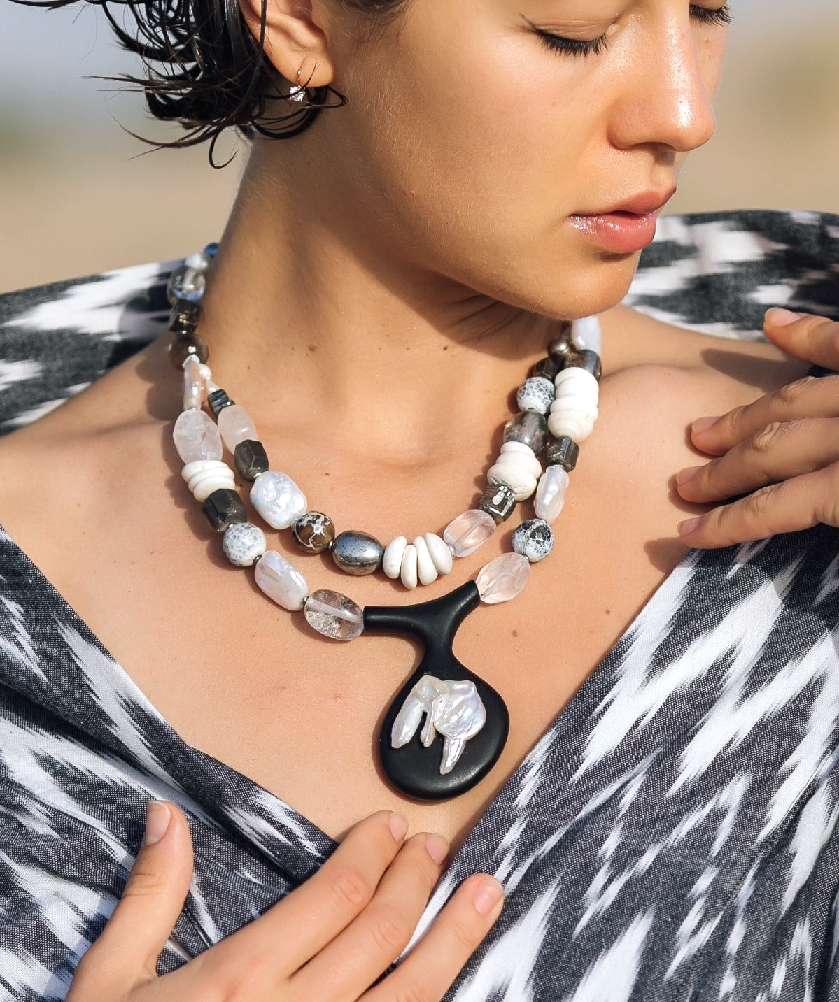 Anika  Statement Necklace with ebony wood pendant and barogue pearls