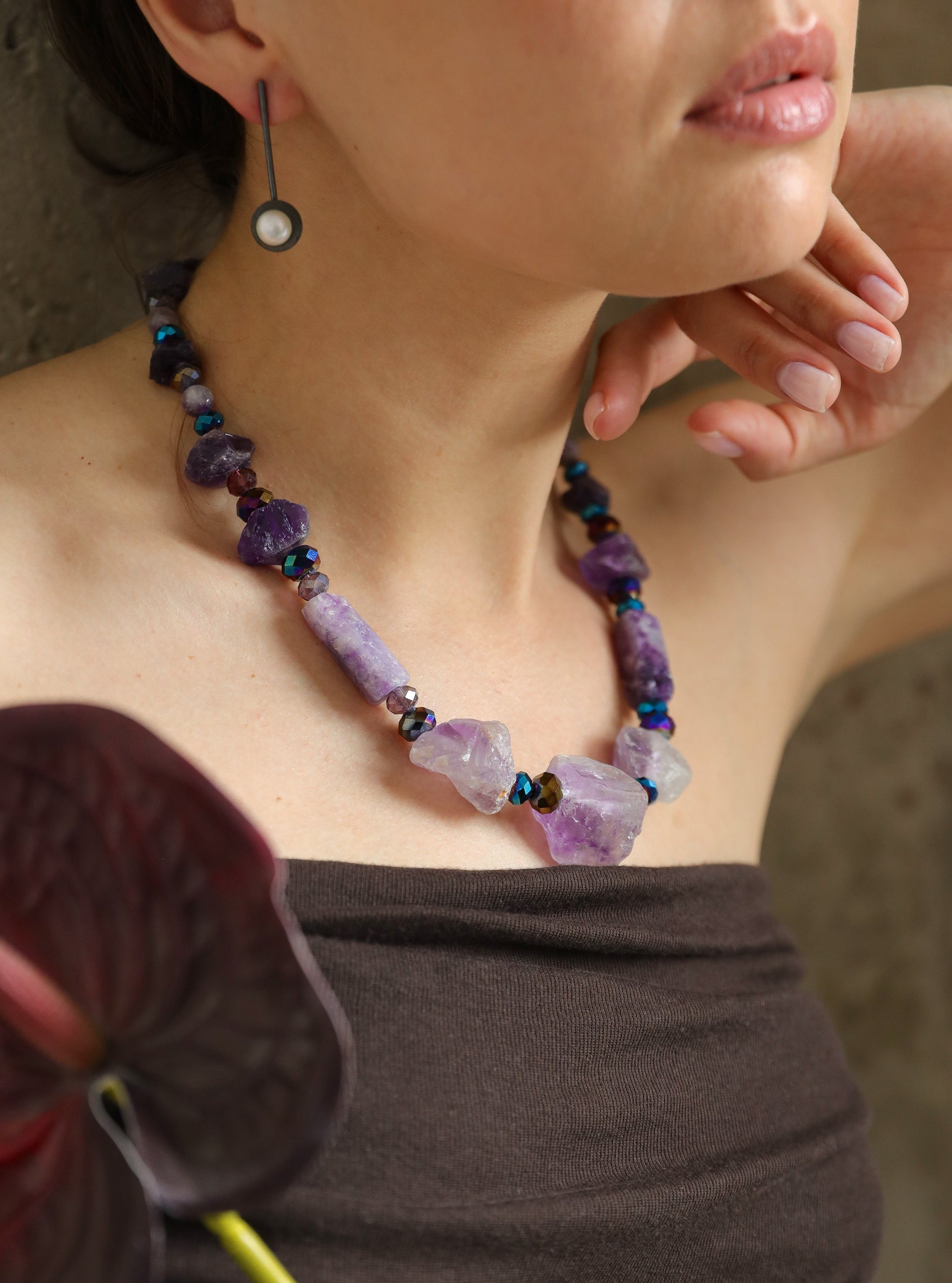 Amita Statement Necklace  made with Raw Amethyst  and Rhinestone