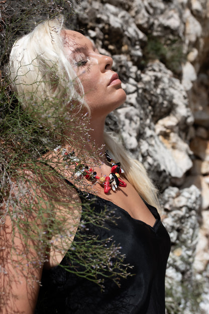 Haoran Statement Necklace with Corals and Pearls and Gold Plated Rudraksha Beads.
