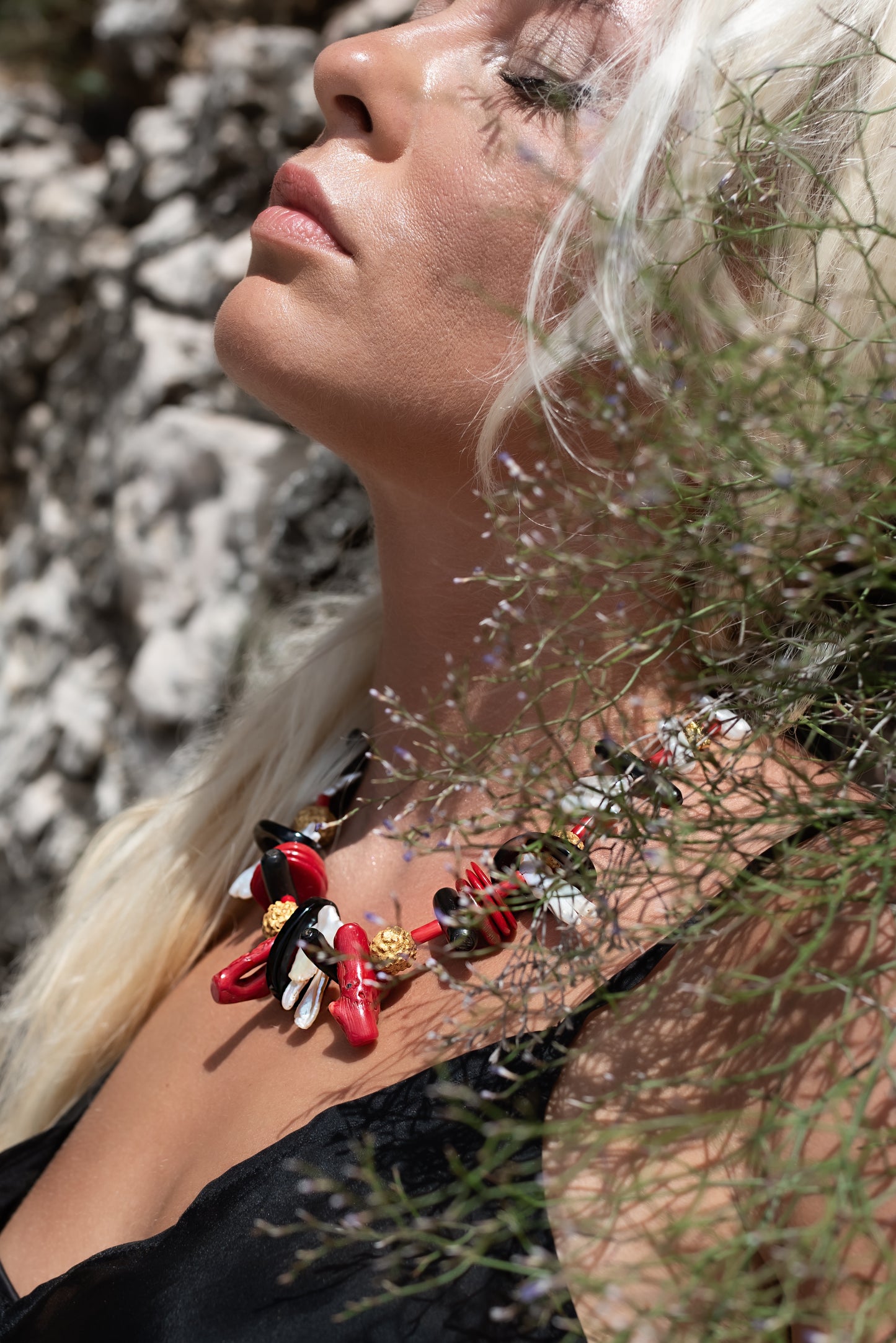 Haoran Statement Necklace with Corals and Pearls and Gold Plated Rudraksha Beads.