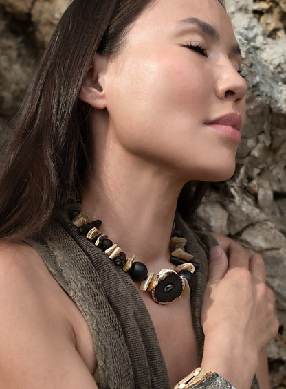 Kairu Statement Choker. Agate, Coral, Ebony Wood