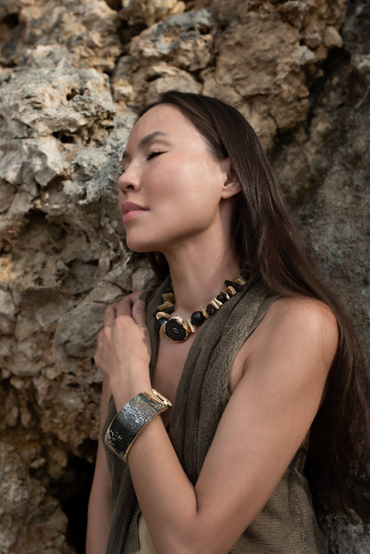 Kairu Statement Choker. Agate, Coral, Ebony Wood
