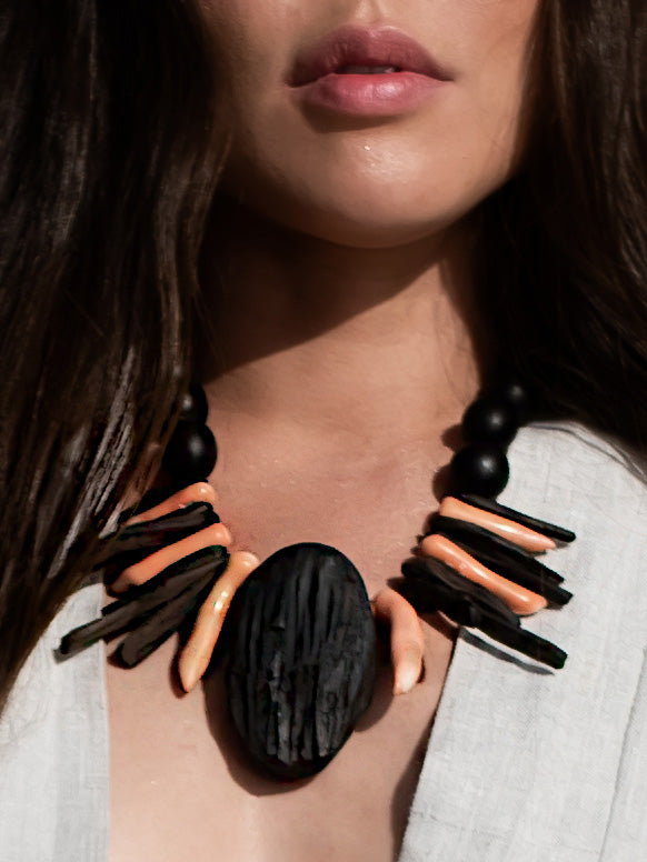 Tafui Statement Necklace. Ebony Wood,  Pink  Corals