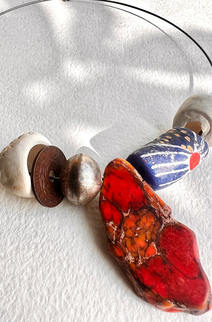 Chuka Choker Necklace. Electroplated  Base, Hand Painted Recycled Glass, Sea Sediment Jasper, Indonesian Coin, Vintage Shells