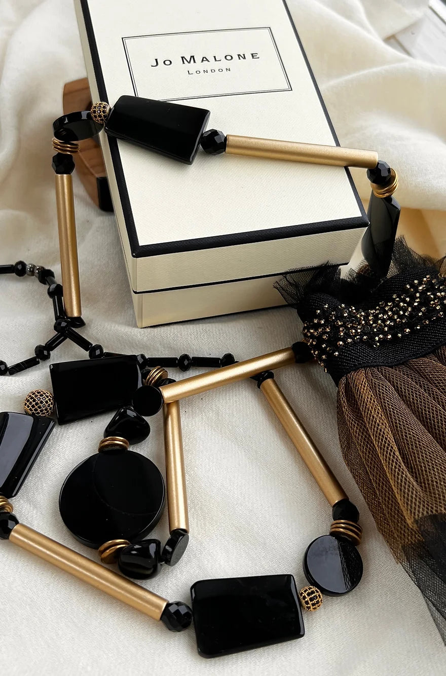 Cleo Long Necklace.  Black Agate , Rhinestone