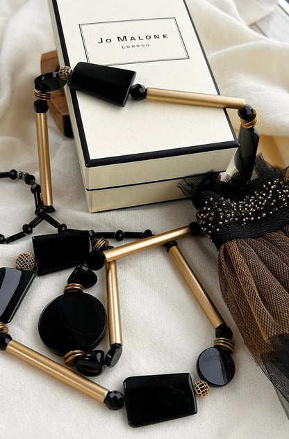 Cleo Long Necklace.  Black Agate , Rhinestone
