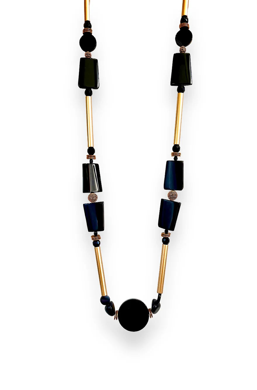 Cleo Long Necklace.  Black Agate , Rhinestone