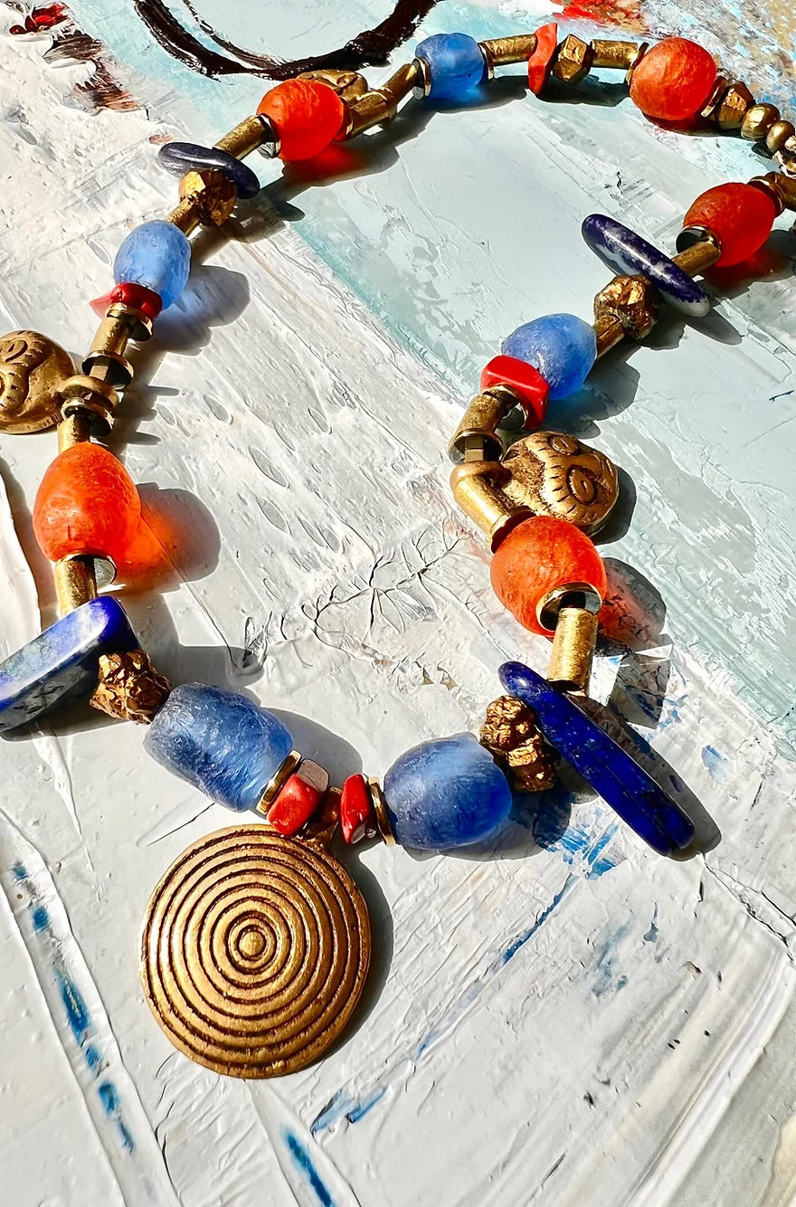 Diane Necklace. African Brass, Recycled Glass, Lapis Lazuli