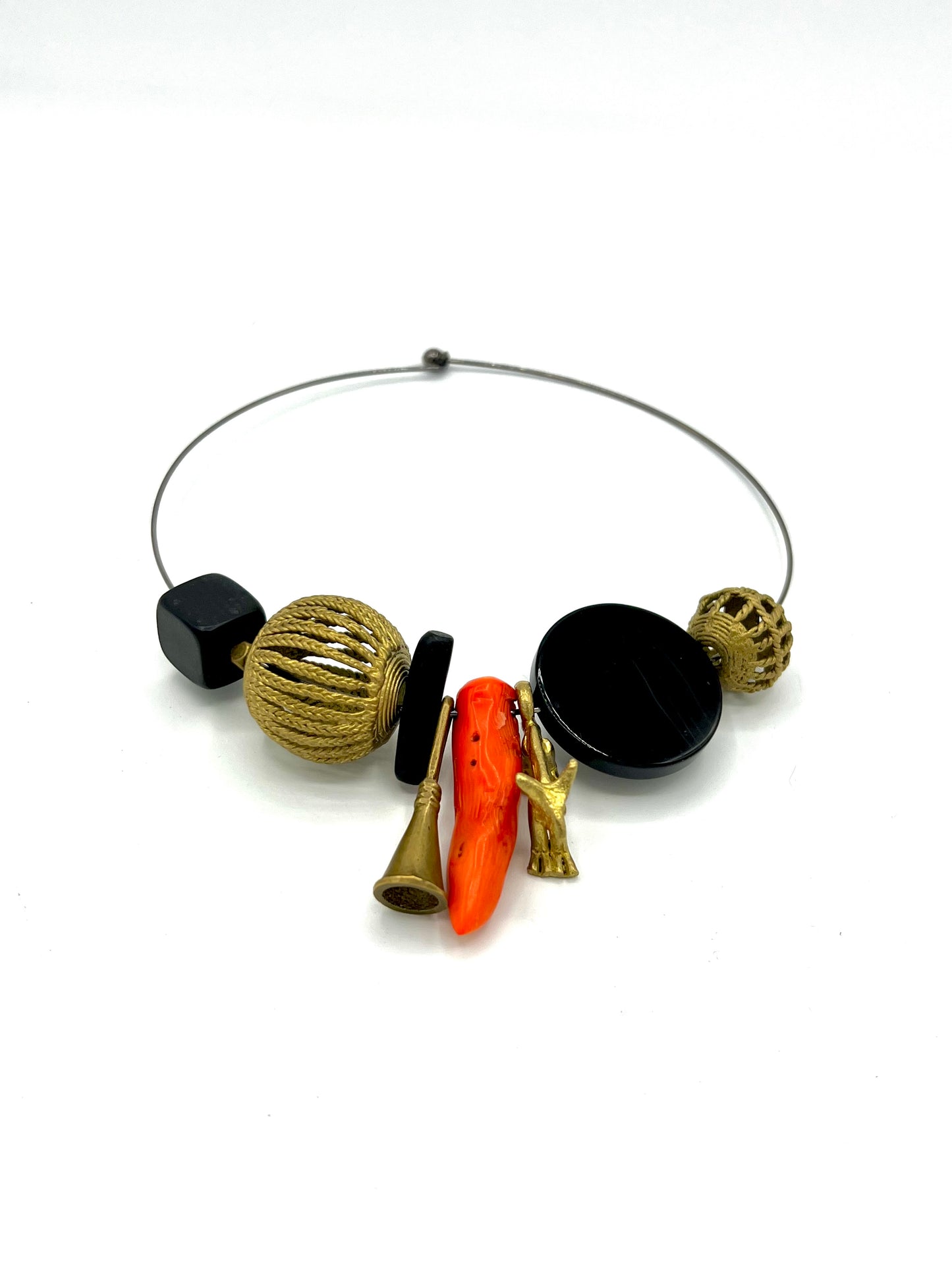 Girano Choker.  African Brass, Coral, Agate, Wood.