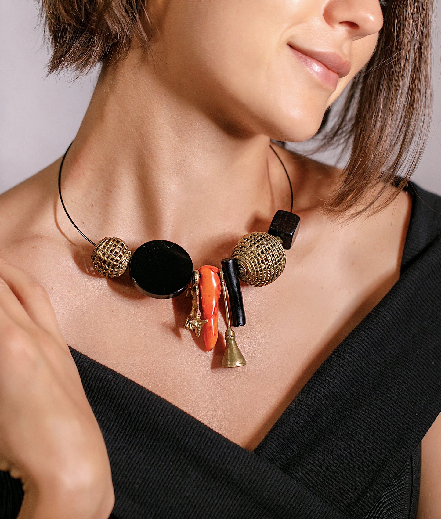 Girano Choker.  African Brass, Coral, Agate, Wood.
