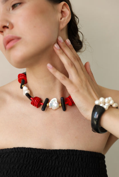 Chanchan Statement Choker/ Short Necklace with Pearls  and Corals