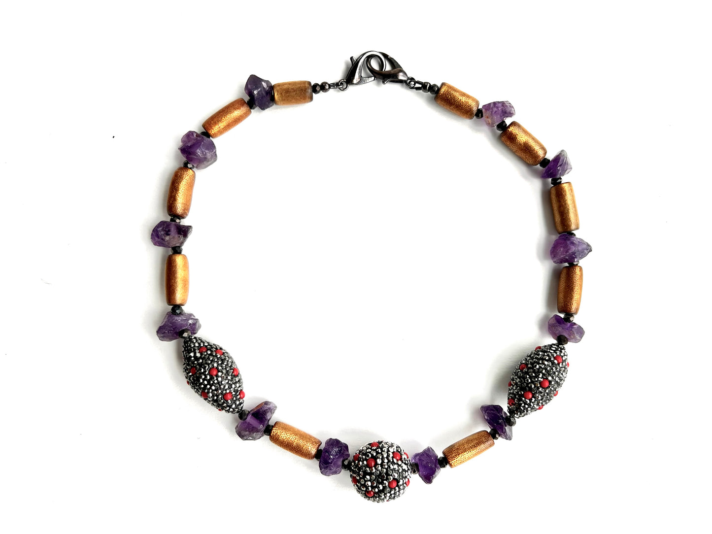 Taita Necklace. Vintage natural gold coral, handmade rhinestone beads,raw amethyst