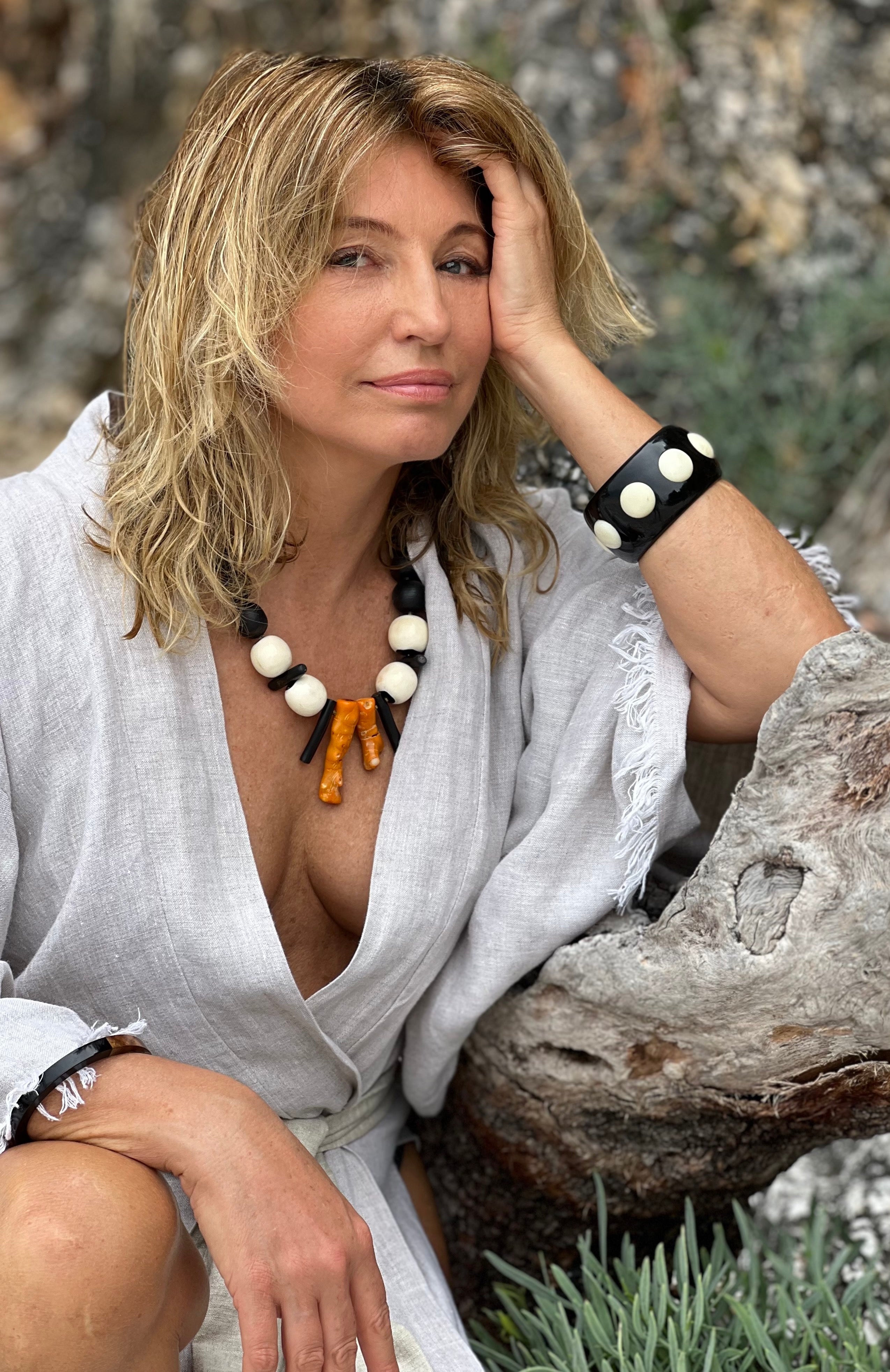 Nia Statement Necklace. Dyed Coral, Buffalo Bone, Ebony Wood