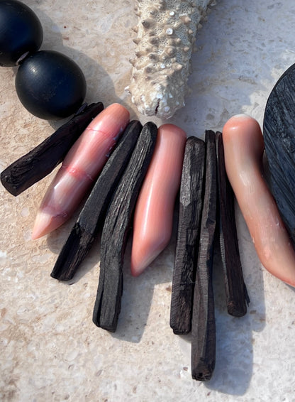 Tafui Statement Necklace. Ebony Wood, Pink  Corals