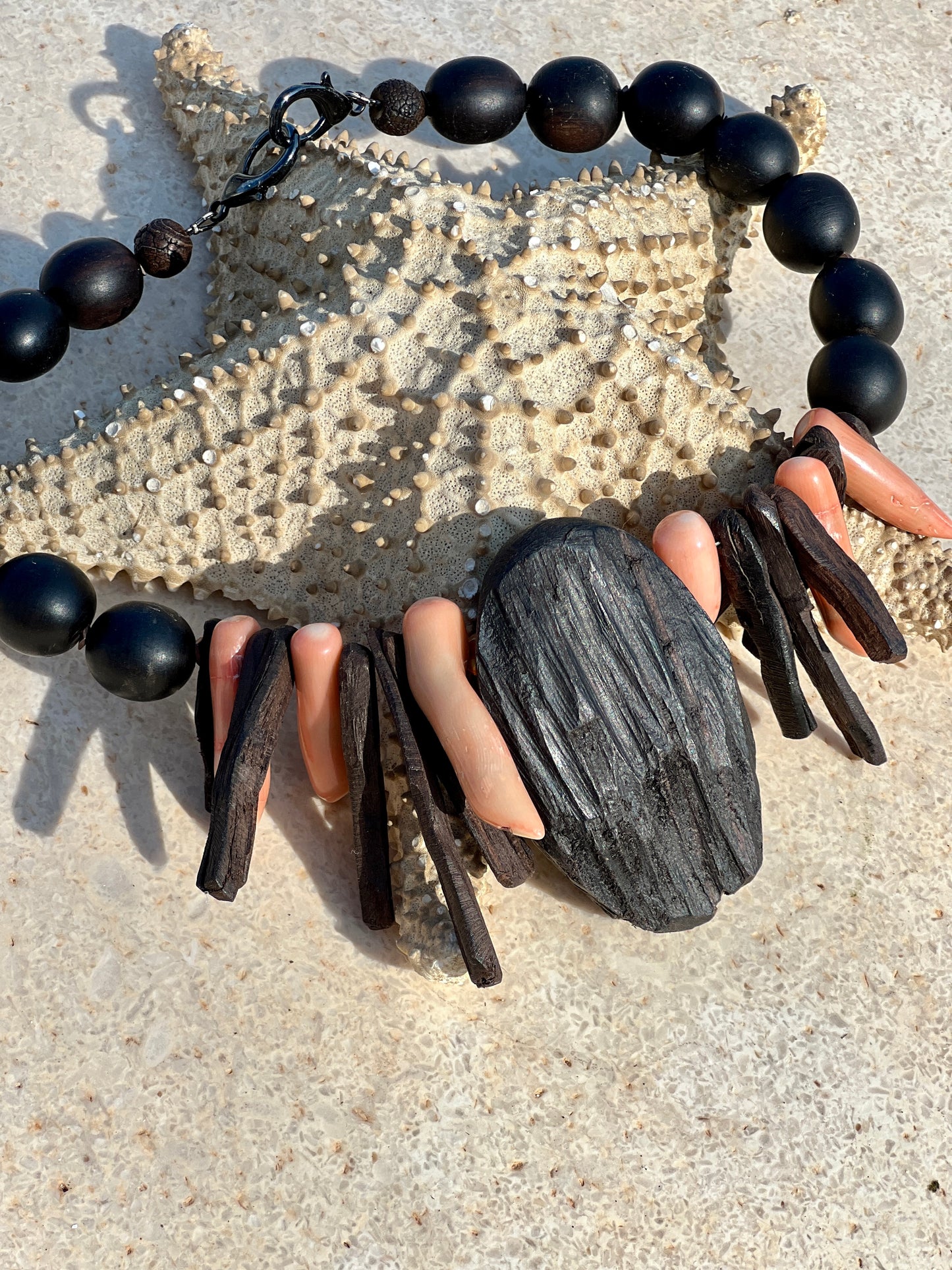 Tafui Statement Necklace. Ebony Wood, Pink  Corals