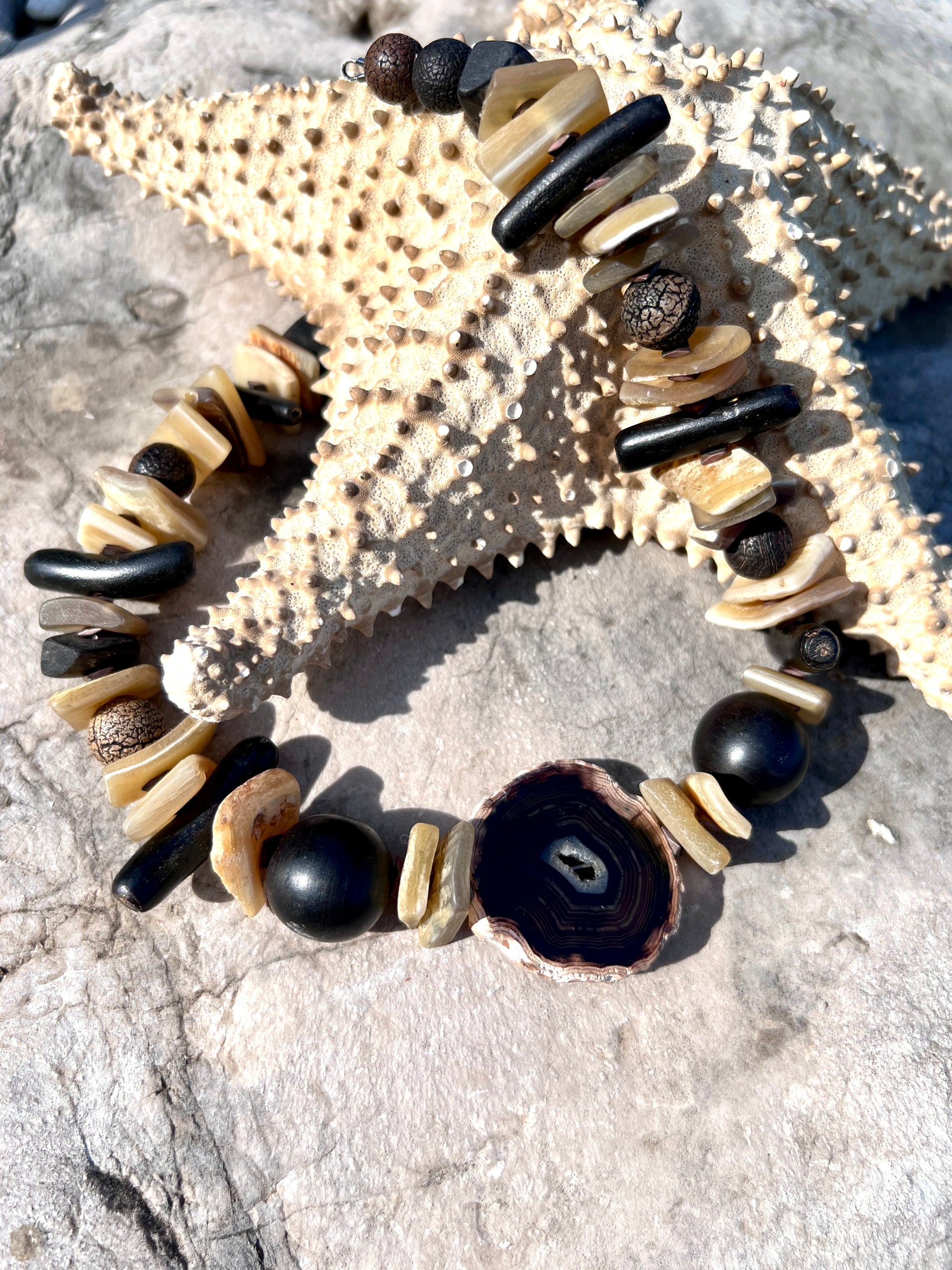 Kairu Statement Choker. Agate, Coral, Ebony Wood